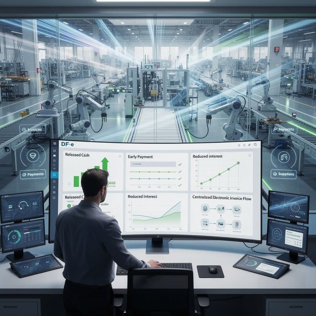 Gestor de supply chain analisando painel de DF-e com indicadores de pagamento antecipado e redução de juros