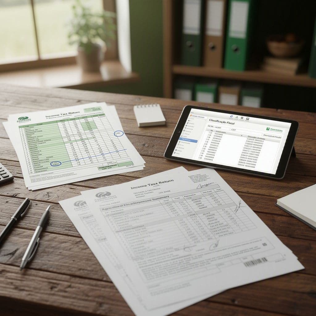 Mesa com notas fiscais, planilha de custos agrícolas e tablet mostrando classificação NCM