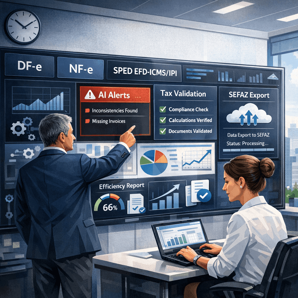 Painel de automação fiscal com DF-e, IA e geração de EFD para SPED