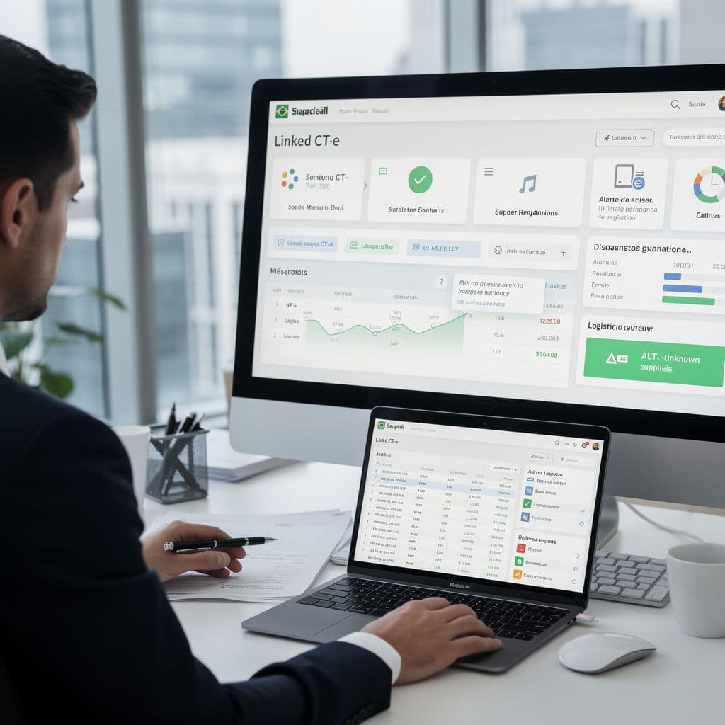 Profissional comparando dados de NF-e, fornecedor e logística em tela de conferência
