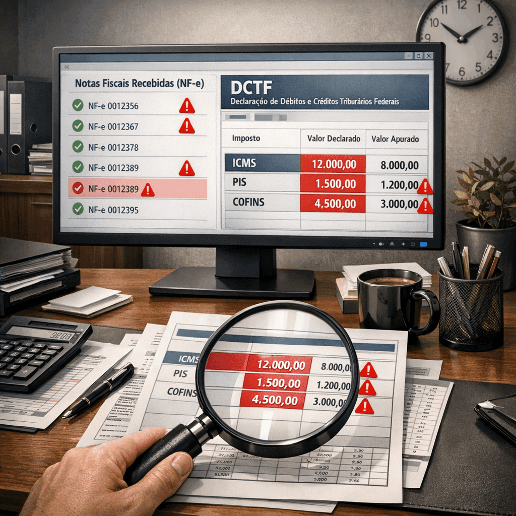 Painel fiscal com NF-e recebidas e alertas de divergência que podem levar à malha fina da DCTF
