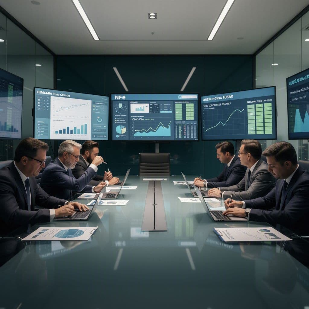 Executivos analisando dashboards de NF-e e sinergias fiscais antes de uma fusão