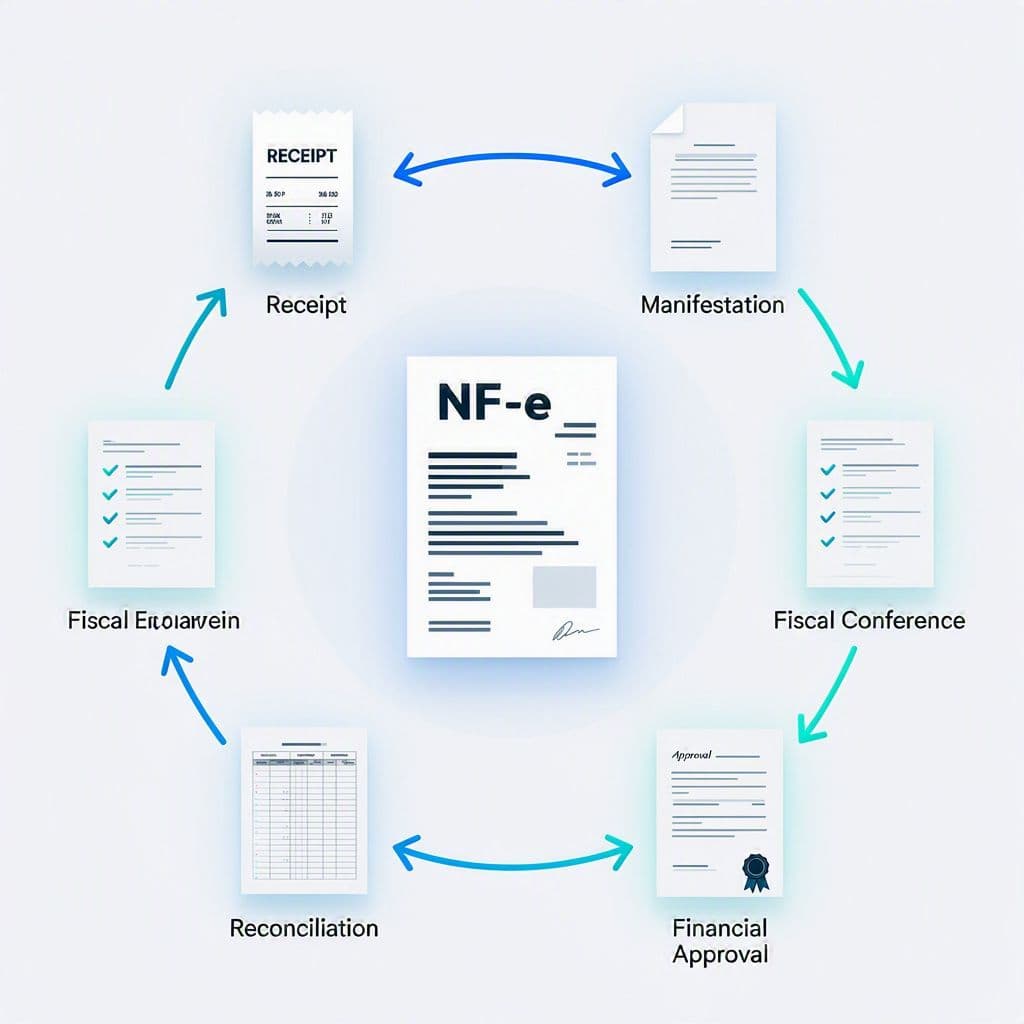 Fluxo visual de nota fiscal eletrônica com cinco responsáveis conectados