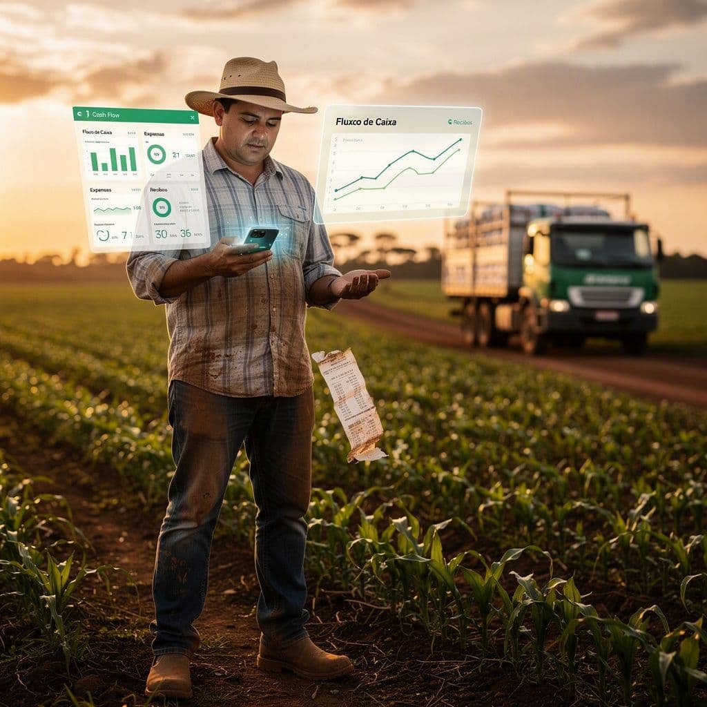 Produtor rural registrando despesa no celular no talhão com fluxo de caixa atualizado