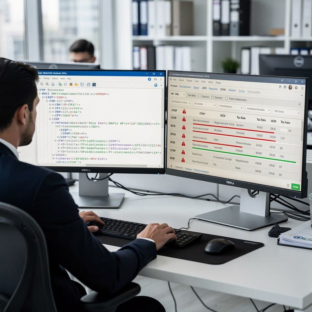 Analista fiscal comparando XML de nota com regras do ERP
