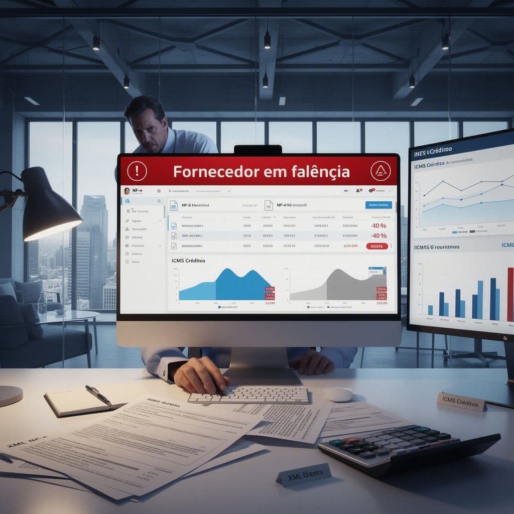 Gerente fiscal analisando NF-e de fornecedor em falência para salvar créditos de ICMS