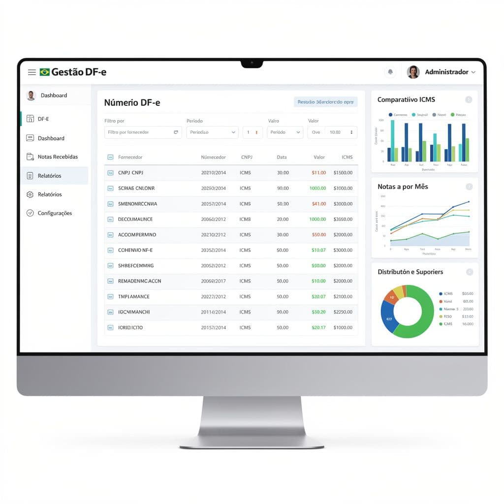 Dashboard de software com NF-e recebidas e filtros por fornecedor e período