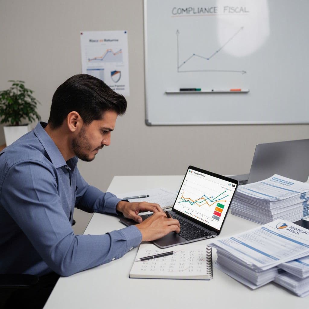 Empreendedor analisando investimentos e riscos fiscais com notas fiscais e gráficos na mesa