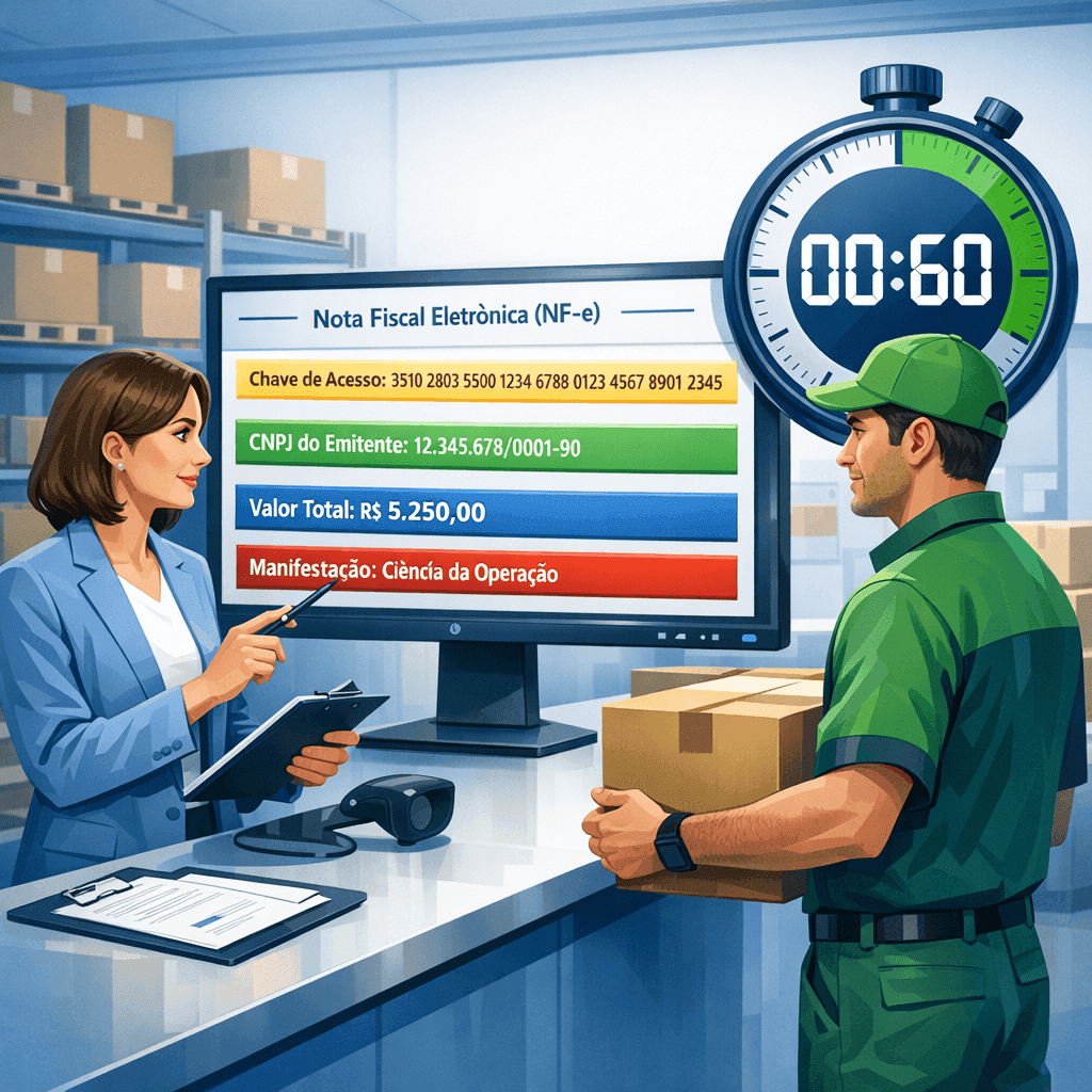 Gestor e recebedor conferindo NF-e com checklist de 60 segundos no balcão de recebimento