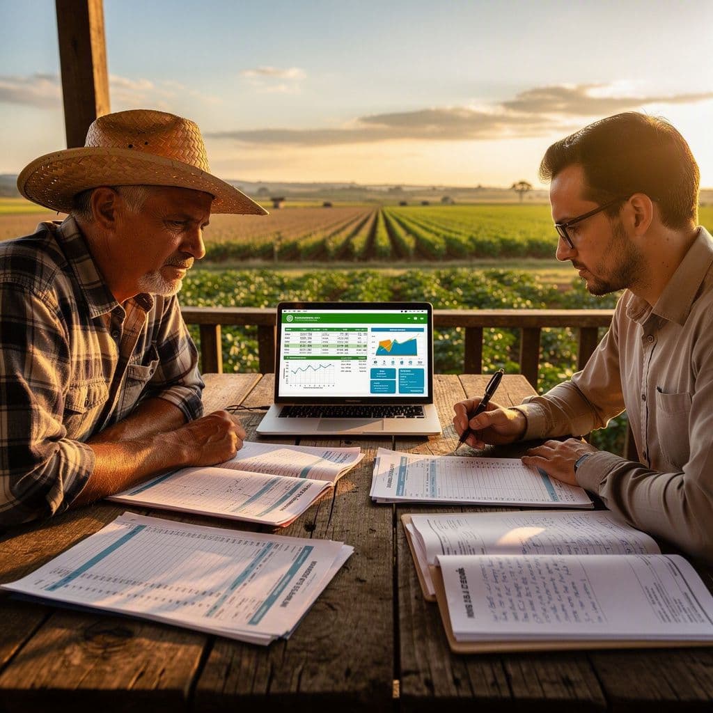 Produtor rural e contador comparando cenários de IR Rural em uma fazenda
