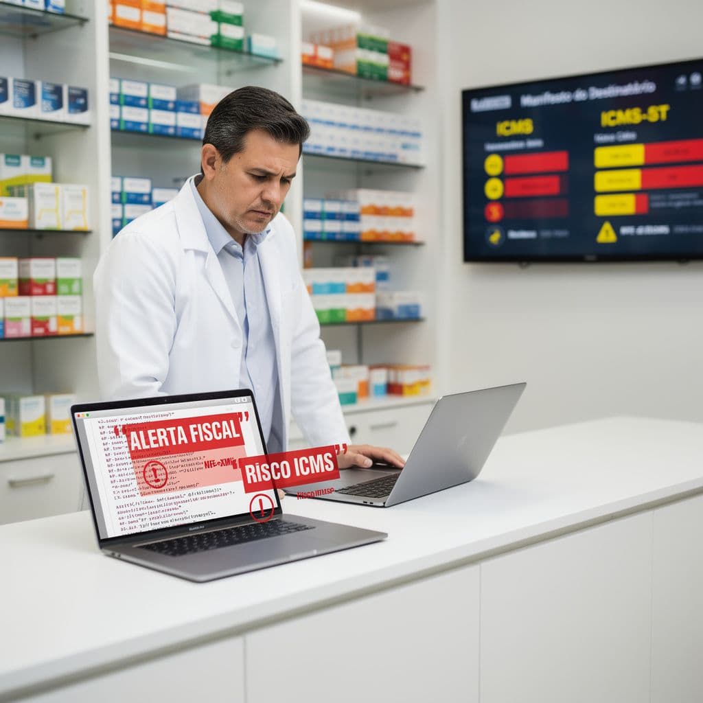 Gestor de farmácia analisando NF-e com alertas fiscais sobre medicamentos e estoque