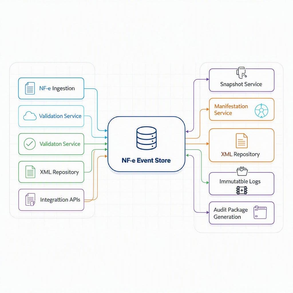 Diagrama de arquitetura com event store, snapshots e serviços fiscais