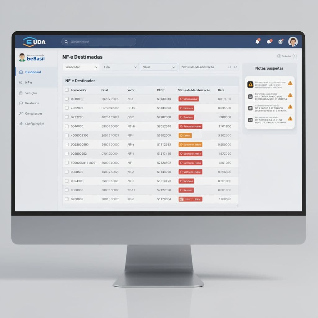 Painel fiscal com filtros de NF-e destinadas e alertas de divergência