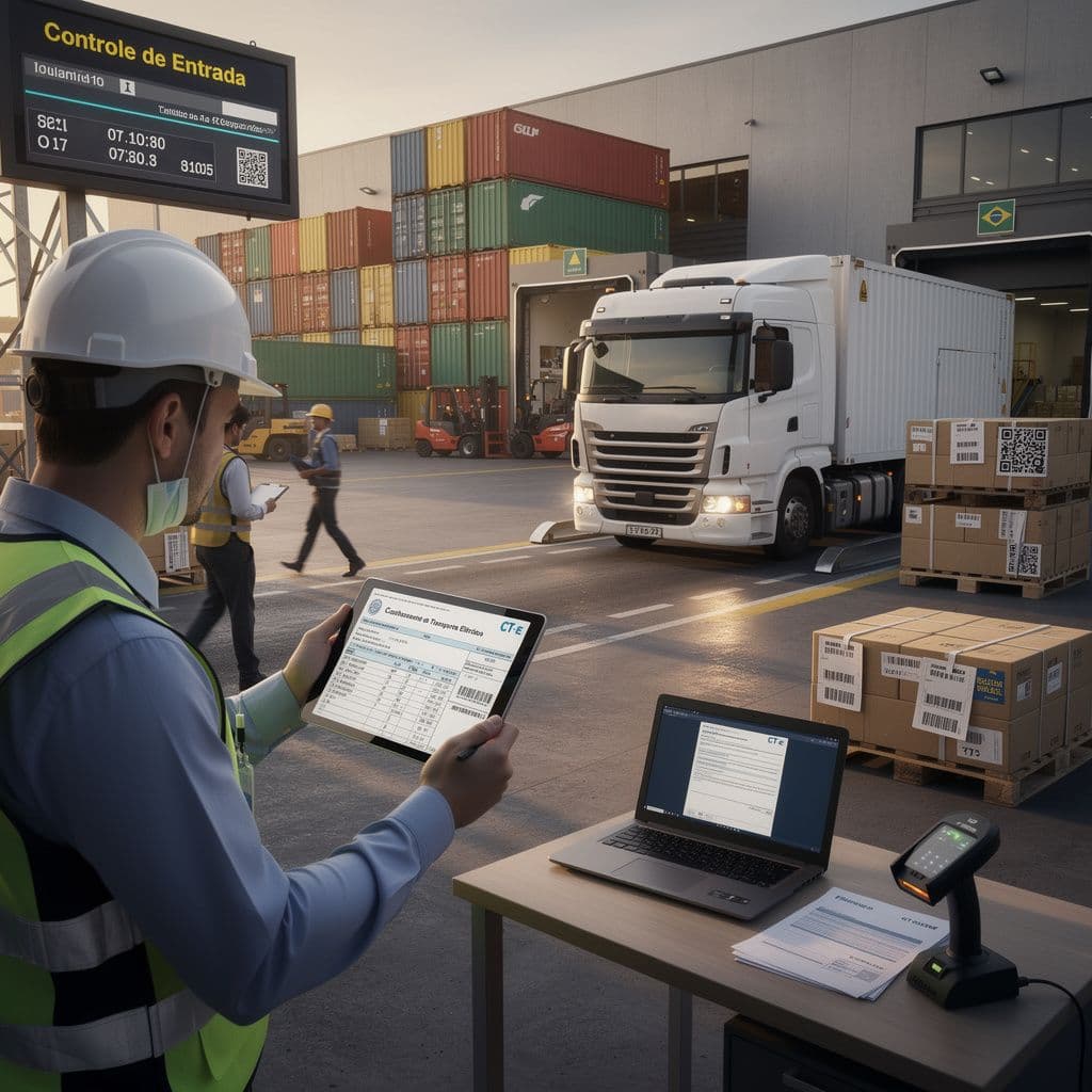 Gestor de logística conferindo CT-e em tablet para liberar caminhão parado no pátio
