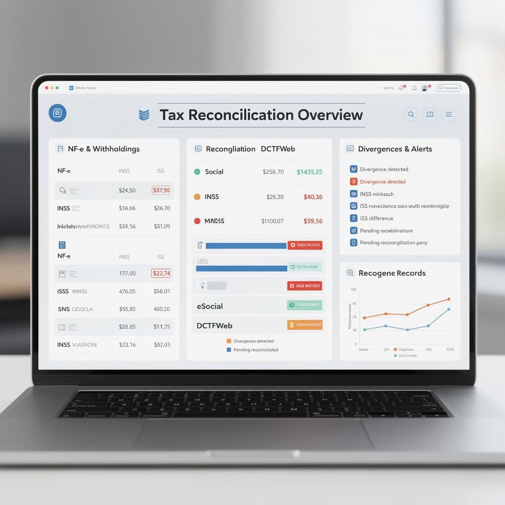 Tela conceitual com NF-e, retenções de INSS e ISS e integração com eSocial e DCTFWeb.