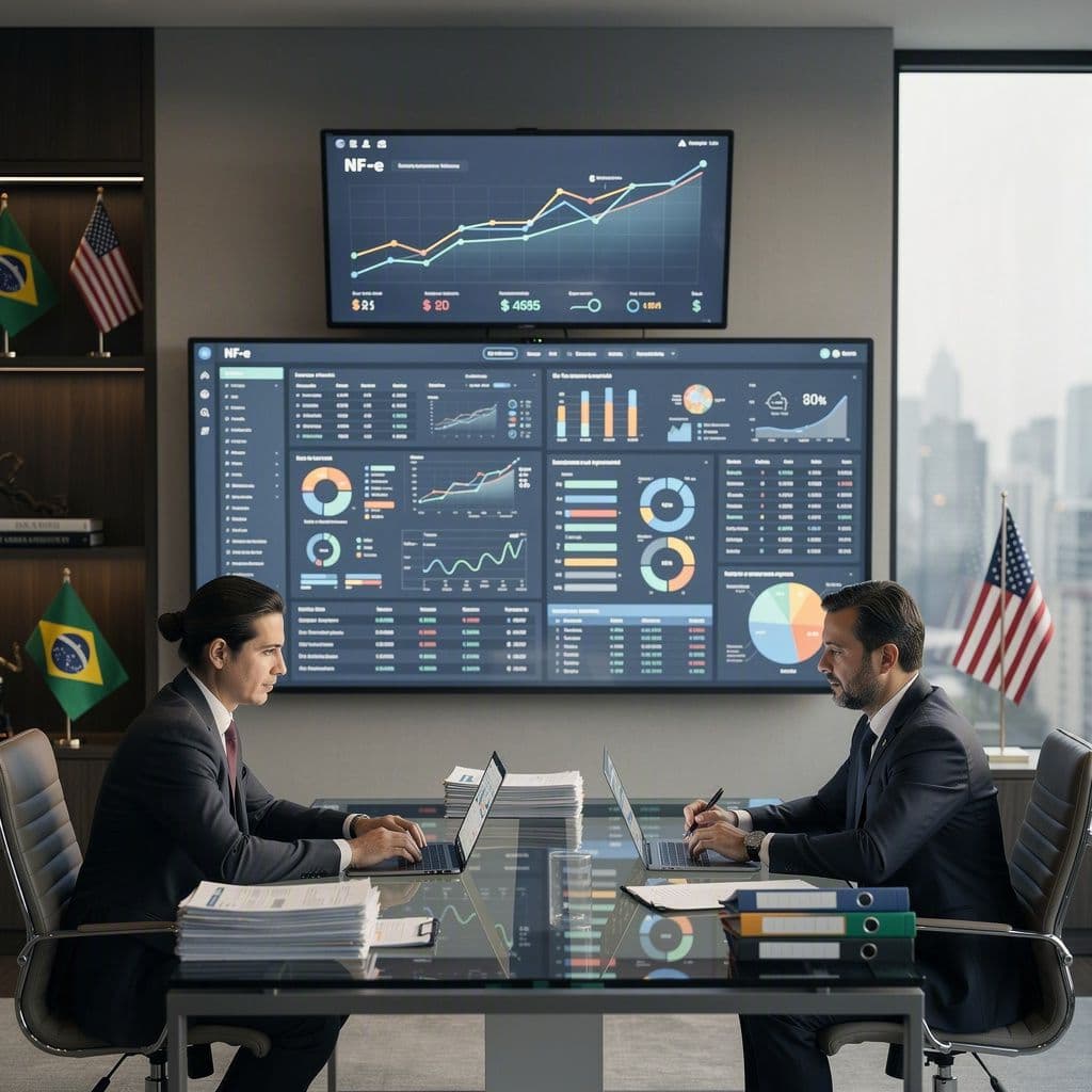 Controller e diretor fiscal analisando NF-e para compliance FATCA e liberação de investimento estrangeiro