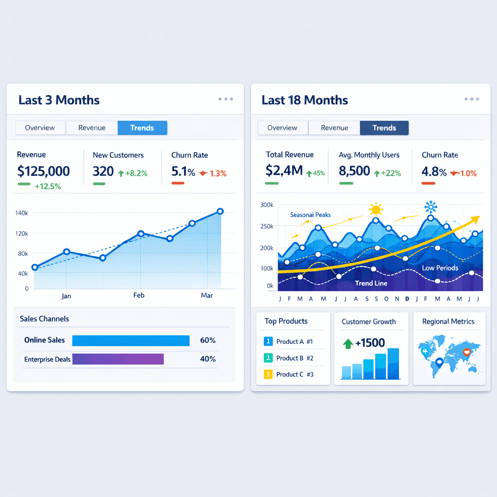 Dashboard comparando janela de 3 meses com ciclo real de compras de 18 meses