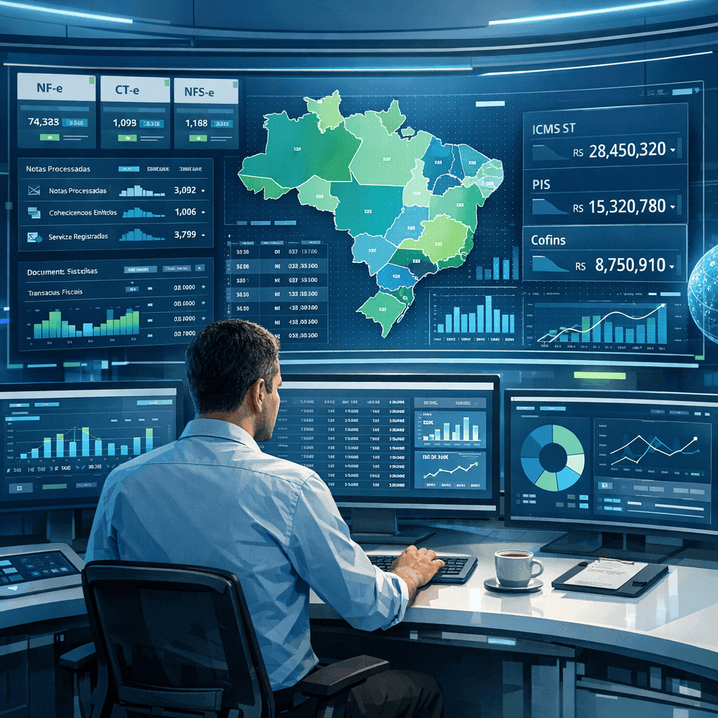 Gestor financeiro usando uma plataforma com IA para analisar NF-e e calcular impostos automaticamente