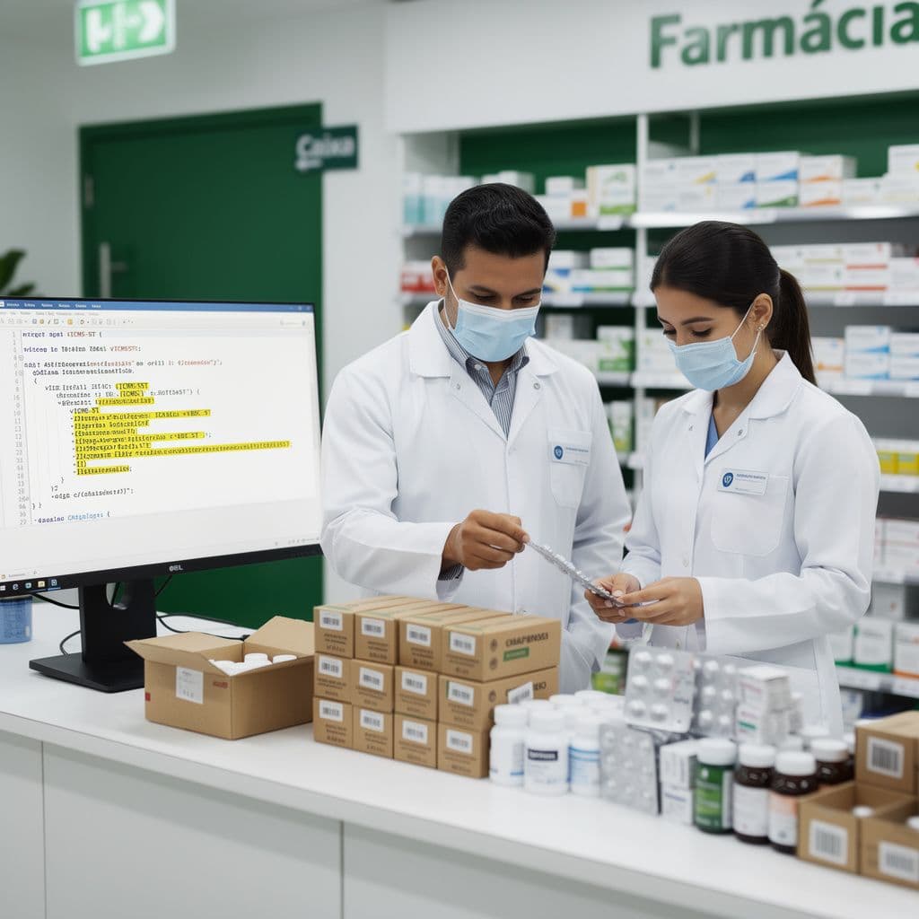 Equipe de farmácia conferindo caixas de medicamentos ao lado de tela com dados fiscais da NF-e