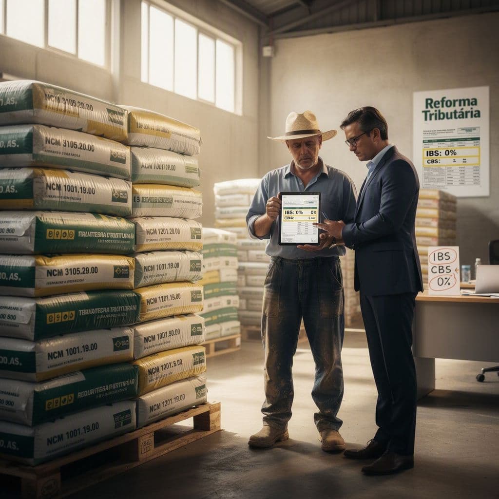 Produtor rural e contador conferindo NCM de fertilizantes e sementes para aplicar IBS e CBS zero na reforma tributária.