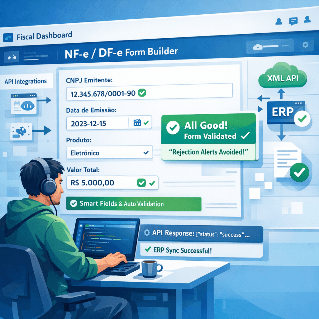 Desenvolvedor criando formulário fiscal dinâmico de NF-e com validações inteligentes e integração via API