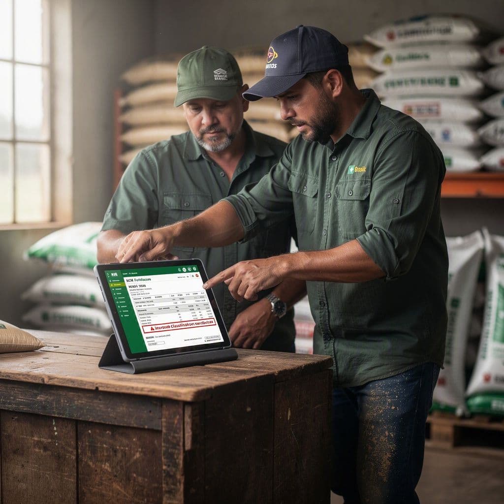 Produtor rural e contador analisando NCM de fertilizantes e impacto nos créditos IBS e CBS