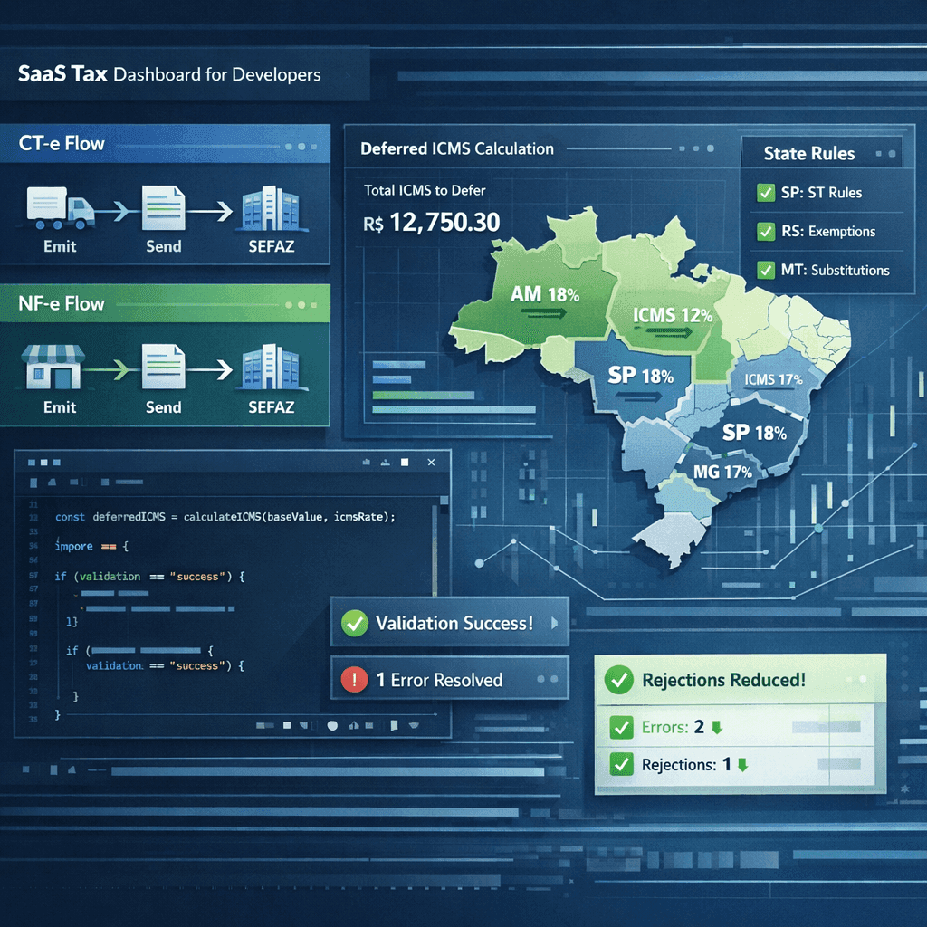 Dashboard fiscal com cálculo automatizado de ICMS diferido para CT-e e NF-e