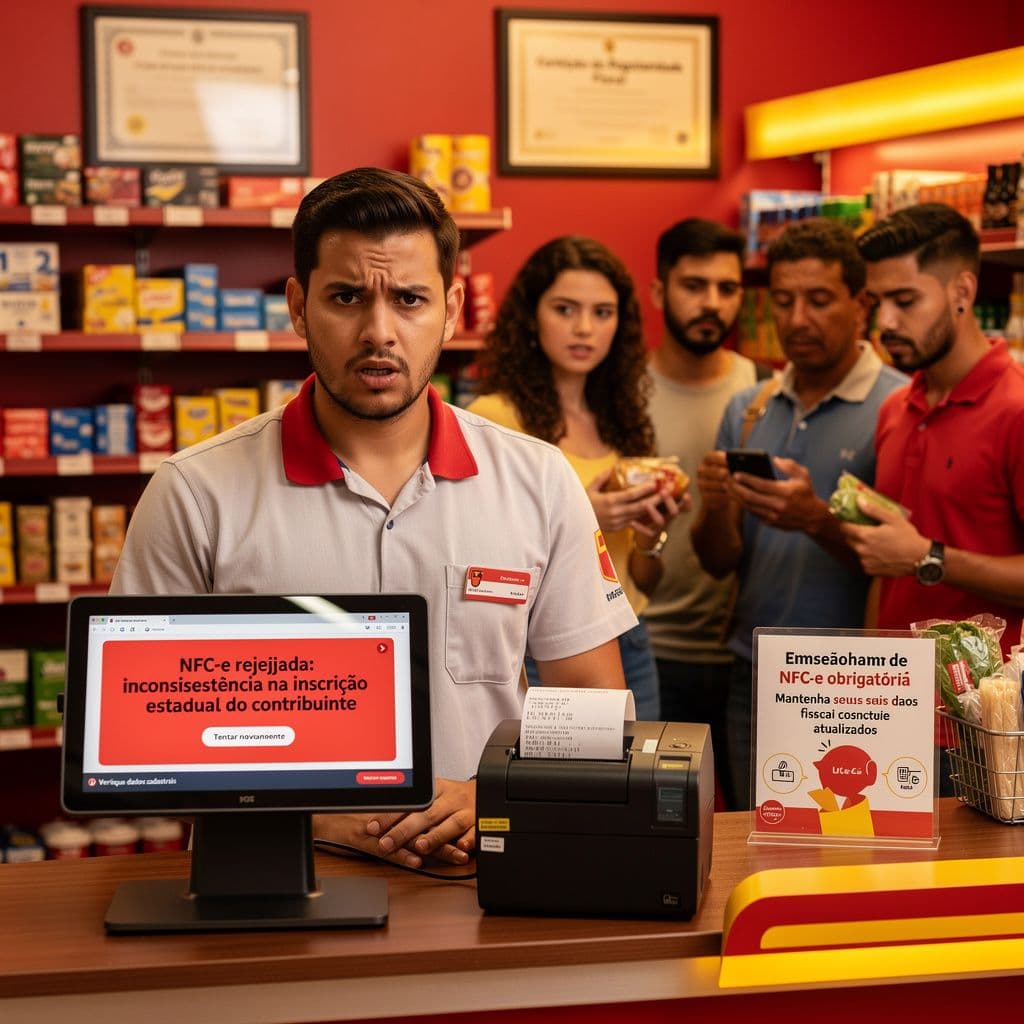 Operador de caixa em loja brasileira enfrentando rejeição de NFC-e no PDV