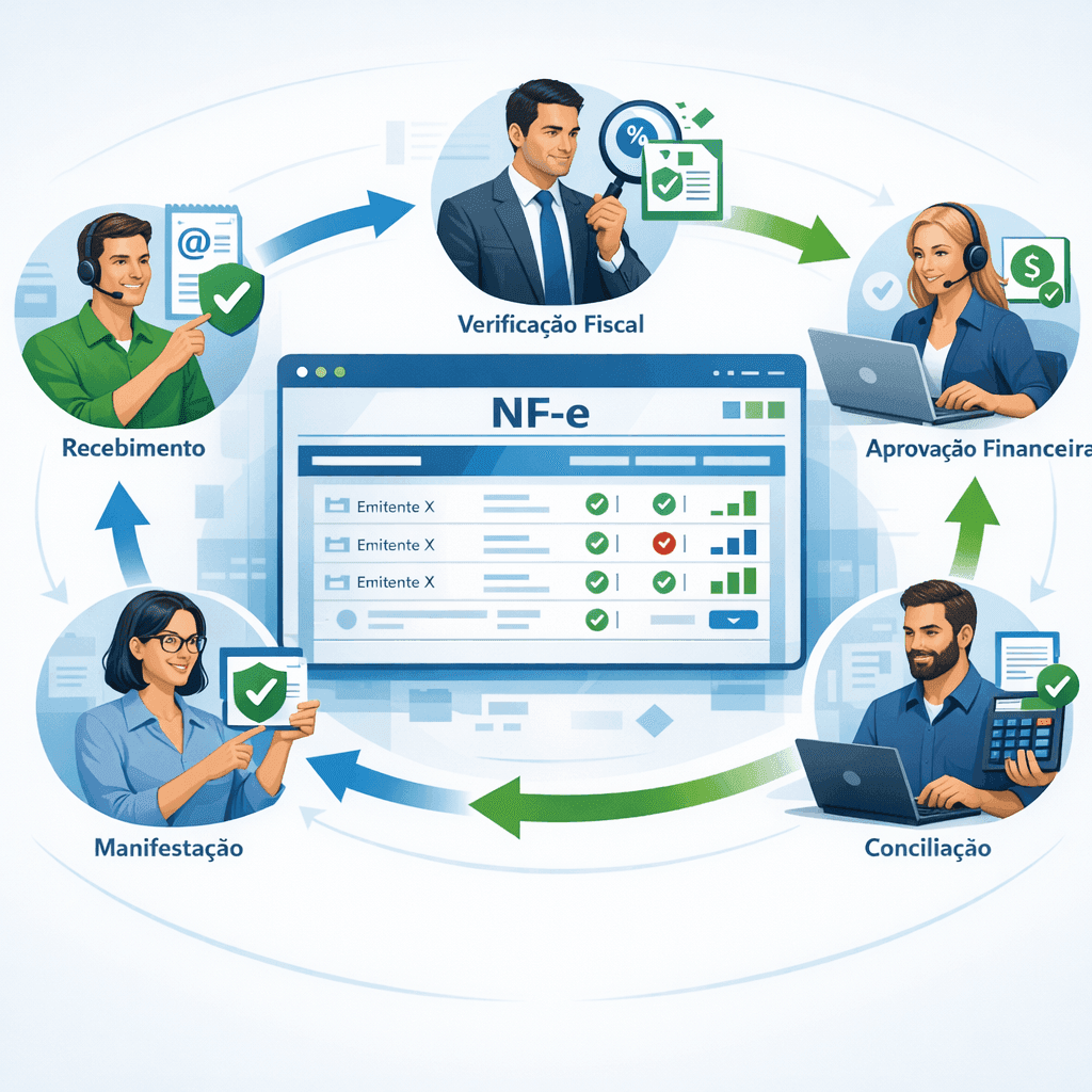 Equipe financeira e fiscal usando um painel para definir responsáveis por cada etapa das NF-e