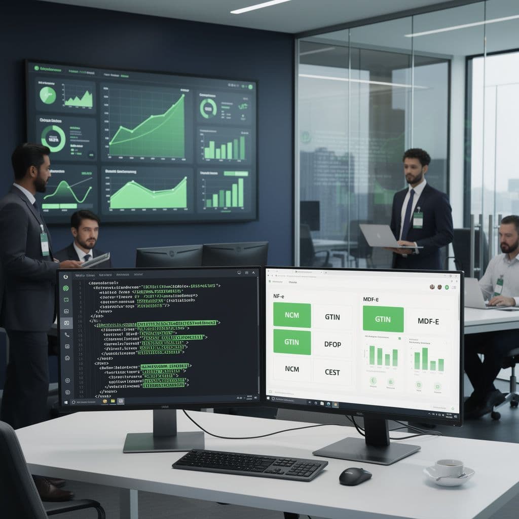 Auditoria ESG analisando campos fiscais de NF-e, CT-e e MDF-e em painel digital