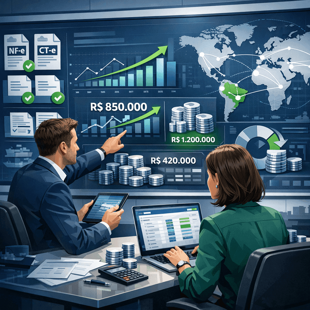 Gestores analisando NF-e e CT-e em dashboard para recuperar valores de drawback antes da reforma tributária