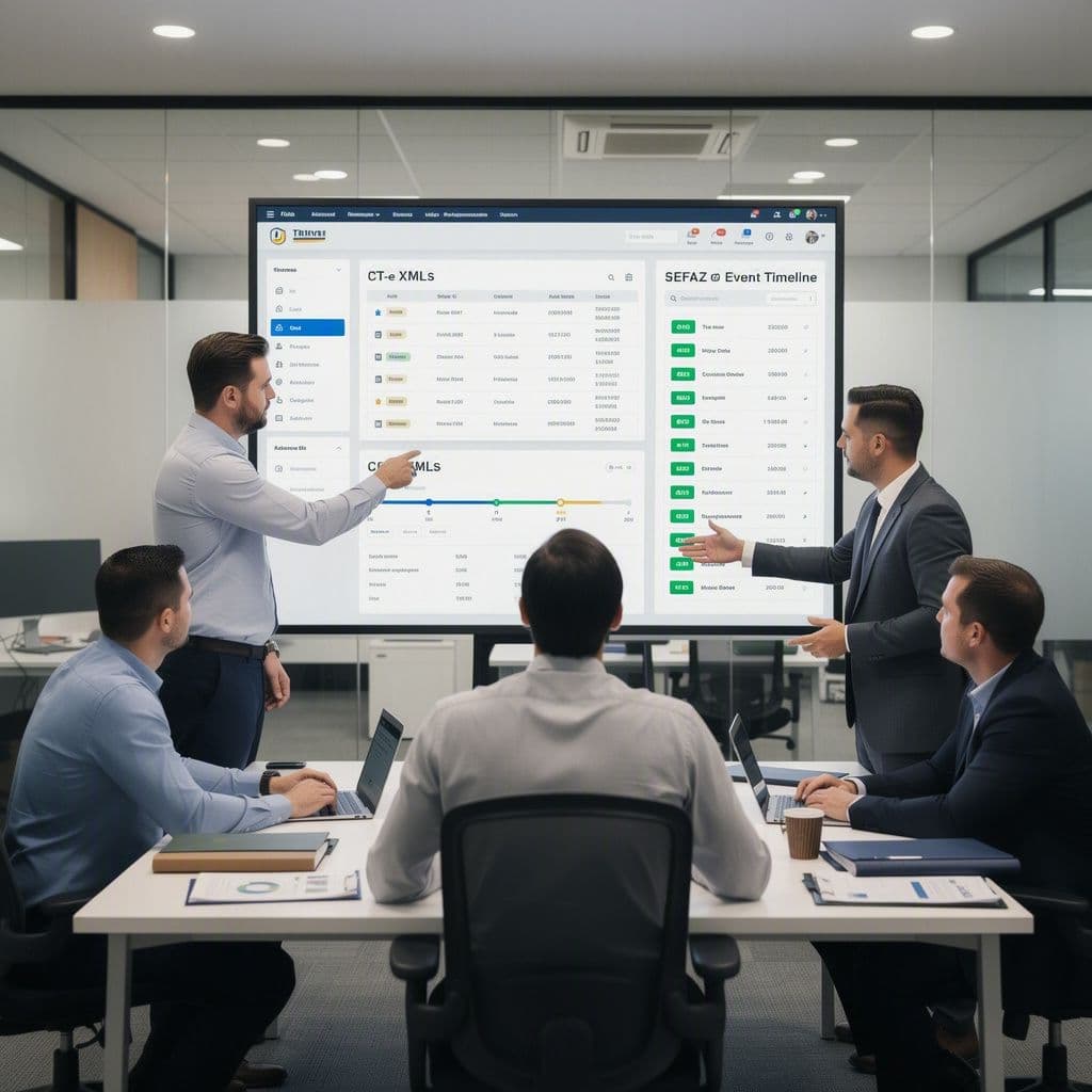 Analista fiscal e gestor logístico conferindo XMLs e eventos de CT-e em dashboard.