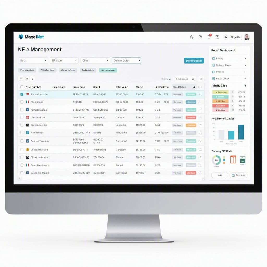 Tela de software mostrando filtros de recall por lote, cliente e transportadora