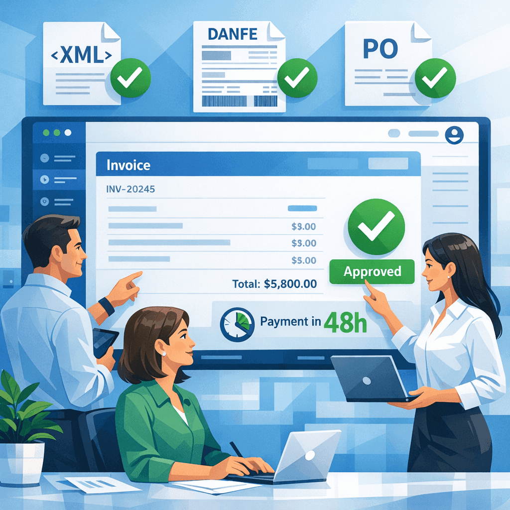 Equipe revisando checklist da NF-e para acelerar pagamento