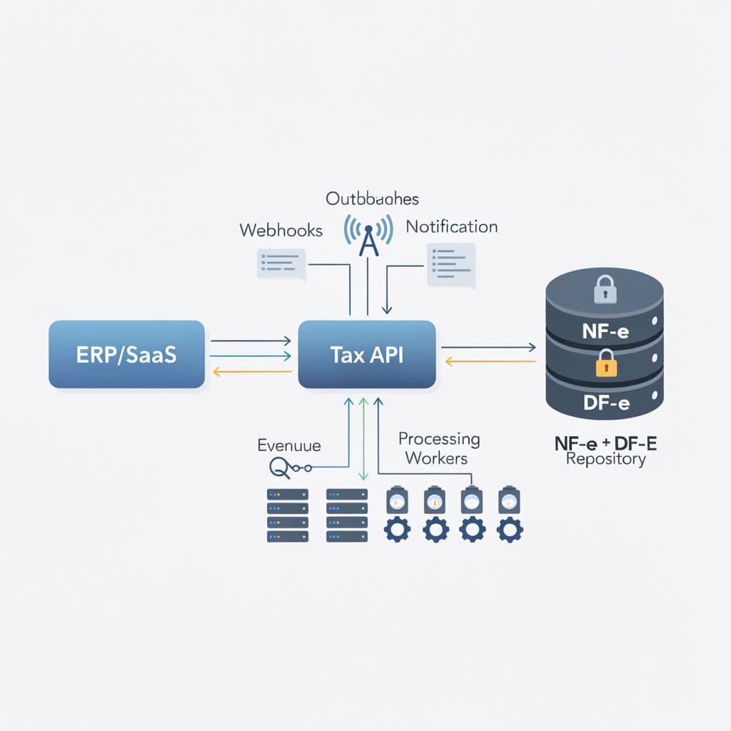 Diagrama de integração entre ERP, API fiscal, filas, webhooks e repositório central de notas