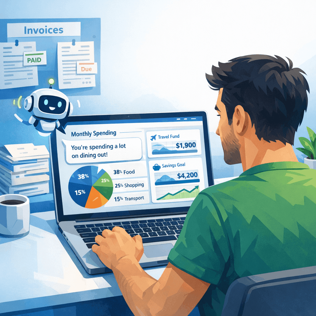 Empreendedor usando uma IA financeira para entender gastos e metas sem planilhas complicadas