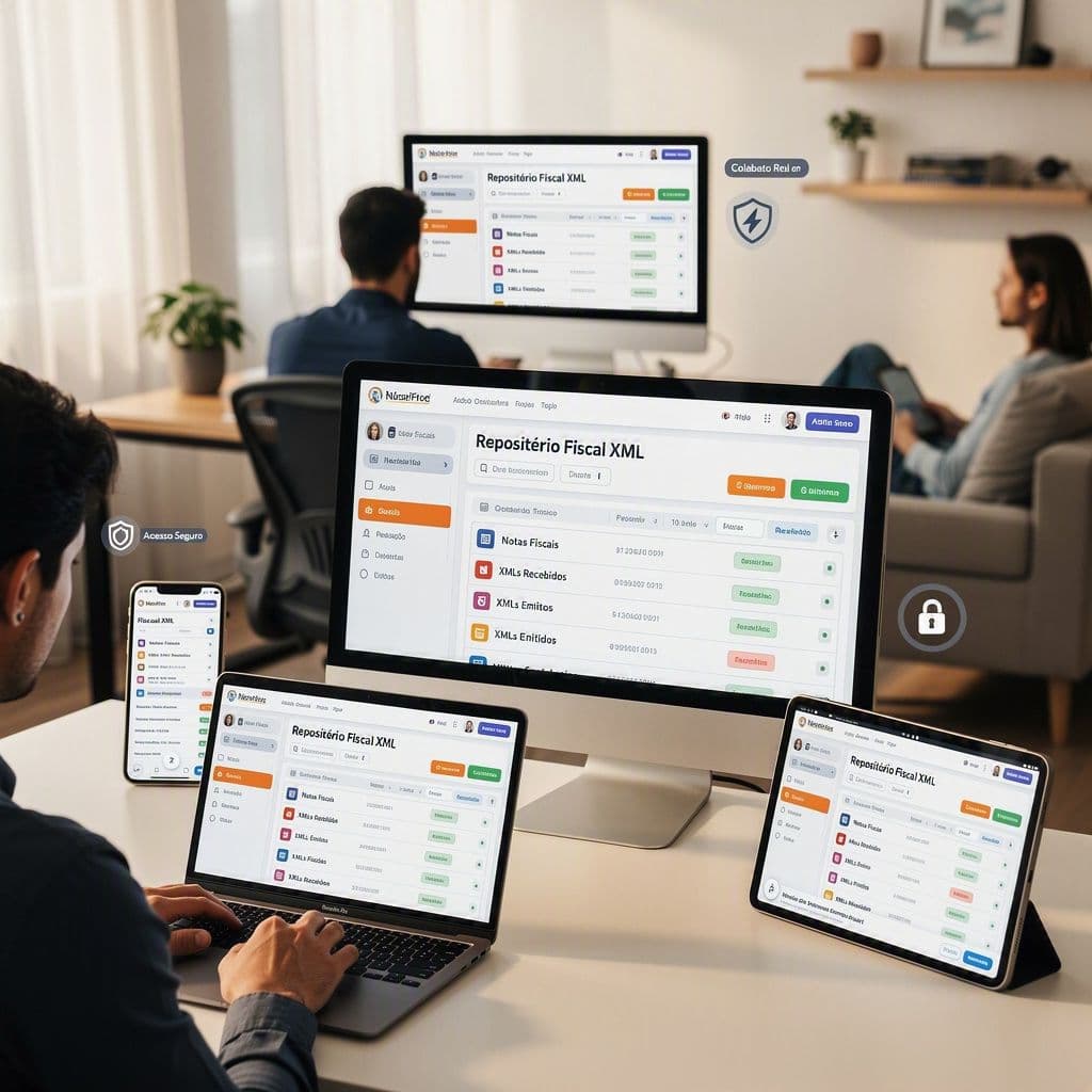 Dashboard centralizado de XMLs fiscais acessado por várias equipes remotas