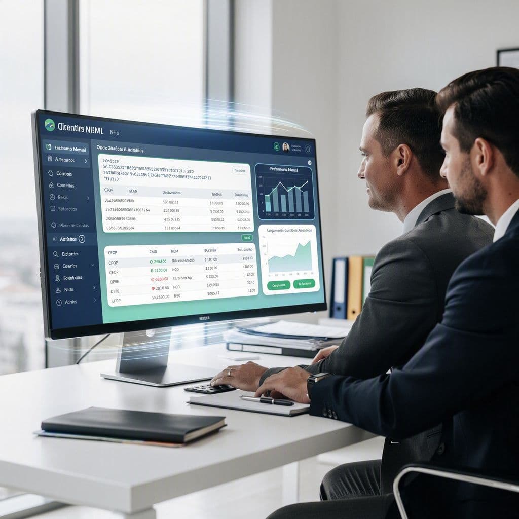 NF-e sendo transformadas em lançamentos contábeis automáticos por IA em dashboard financeiro