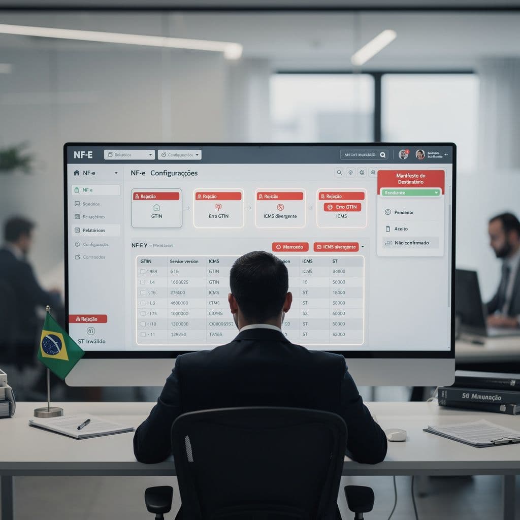 Gestor fiscal analisando mudanças da NF-e 4.2 em painel com alertas de manifesto do destinatário