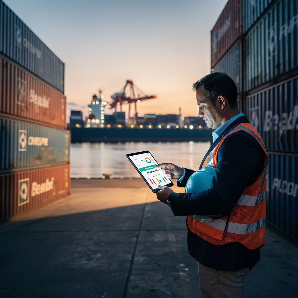 Gerente de logística analisando NF-e e CT-e com risco de bloqueio de exportação no porto