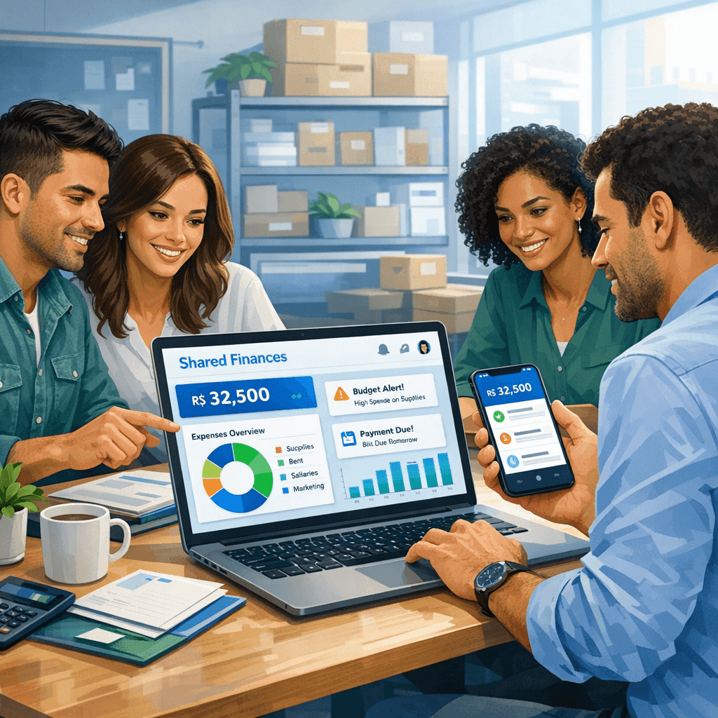 Empreendedores analisando um painel de finanças compartilhadas com múltiplos titulares