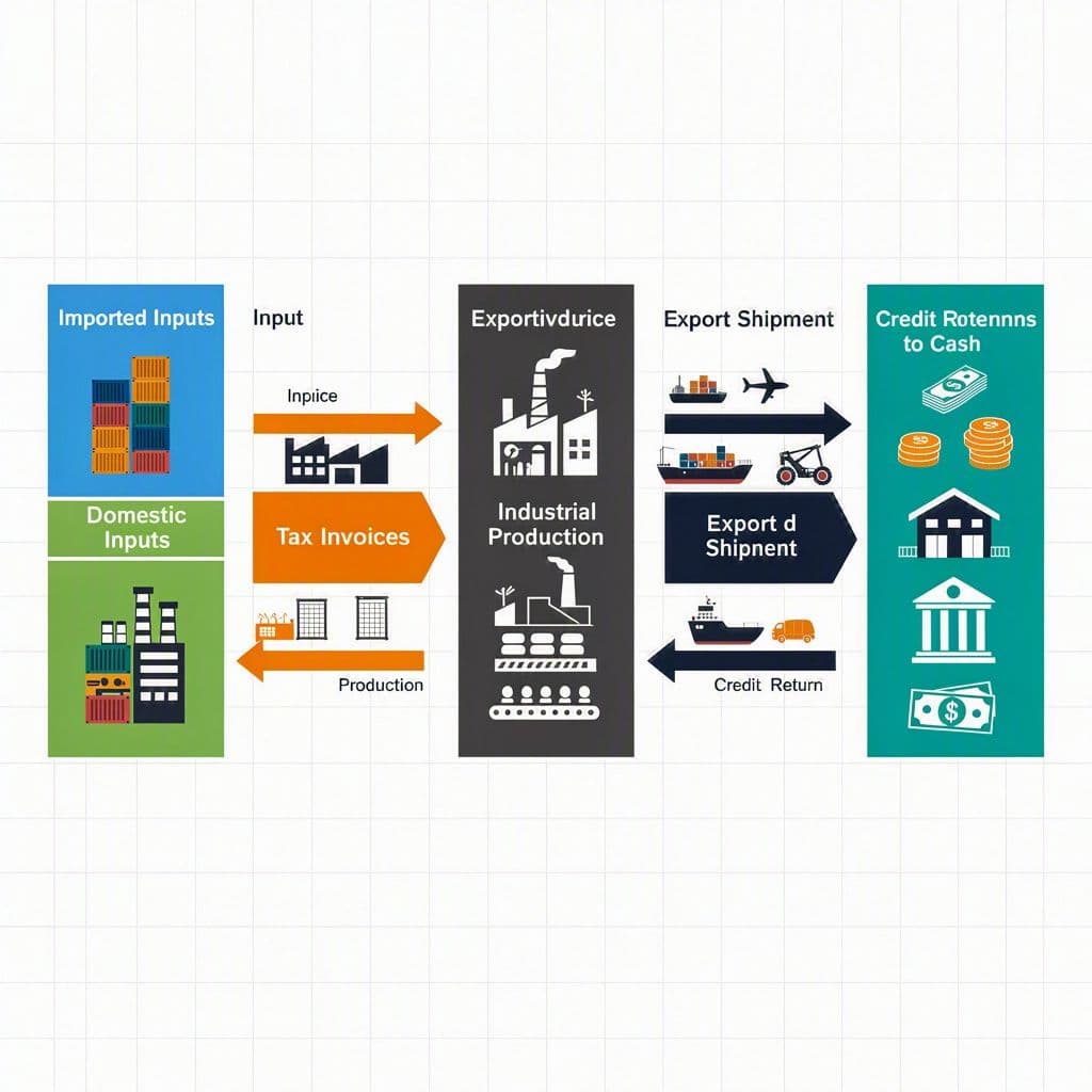 Fluxo visual entre compra de insumos, emissão de NF-e, produção e exportação