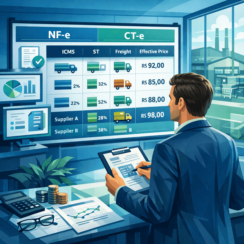 Gestor de compras analisando NF-e e CT-e para comparar o custo real entre fornecedores