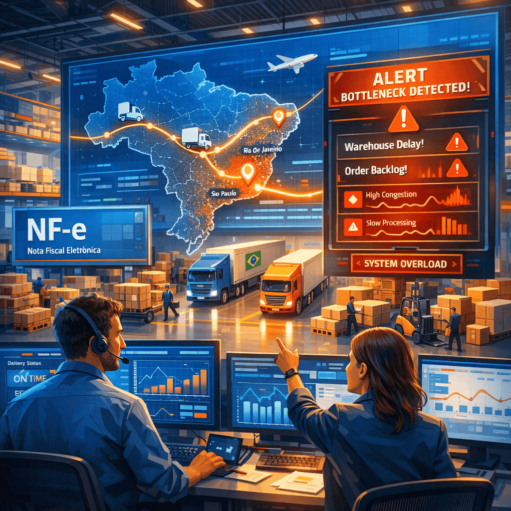 Painel logístico com rotas, NF-e e CT-e identificando gargalos operacionais em e-commerce