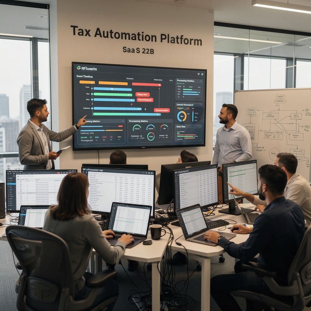 Equipe técnica analisando reprocessamento fiscal em dashboard com timeline de eventos