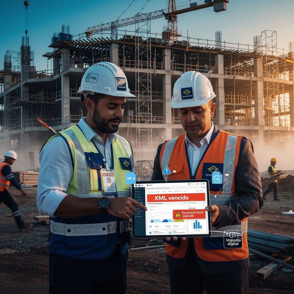 Engenheiro em obra analisando XMLs fiscais expirados e impacto no orçamento da construção