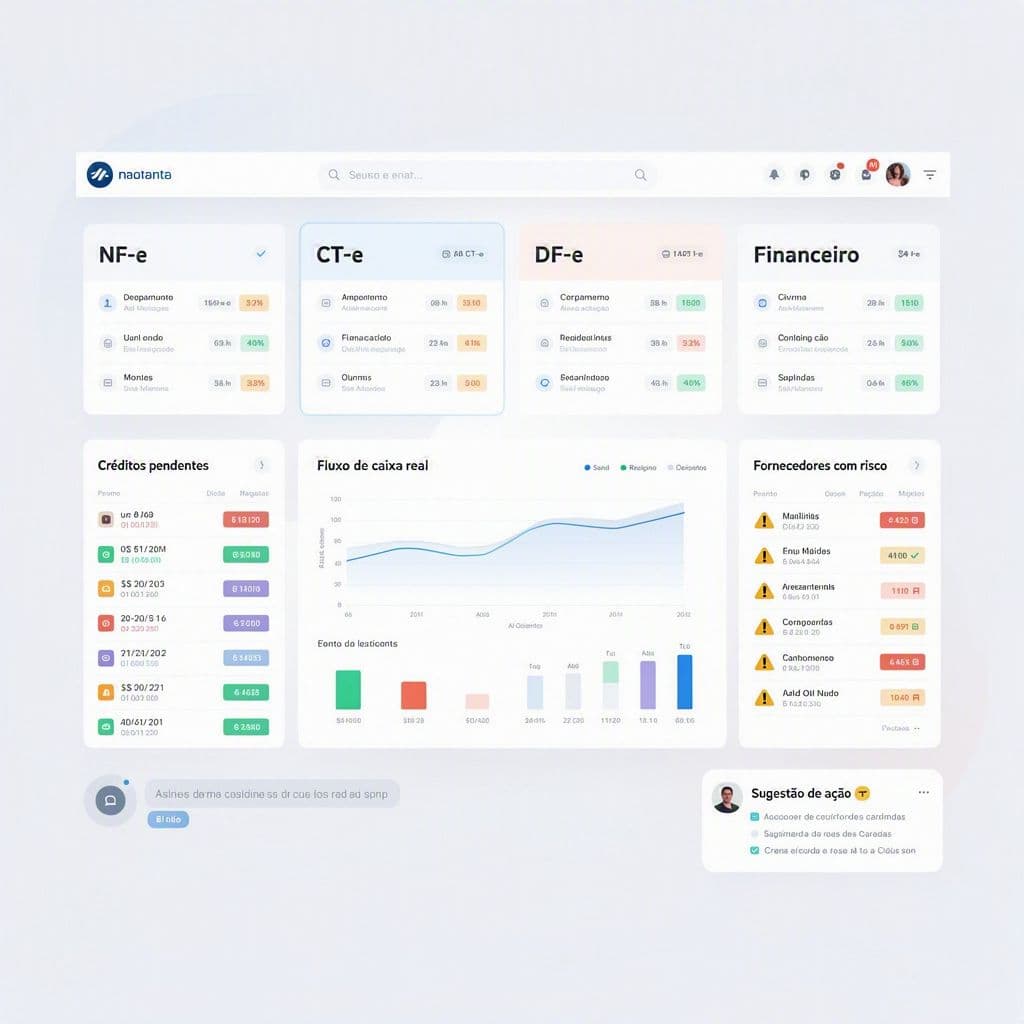 Tela unificada com documentos fiscais, indicadores financeiros e assistente de IA