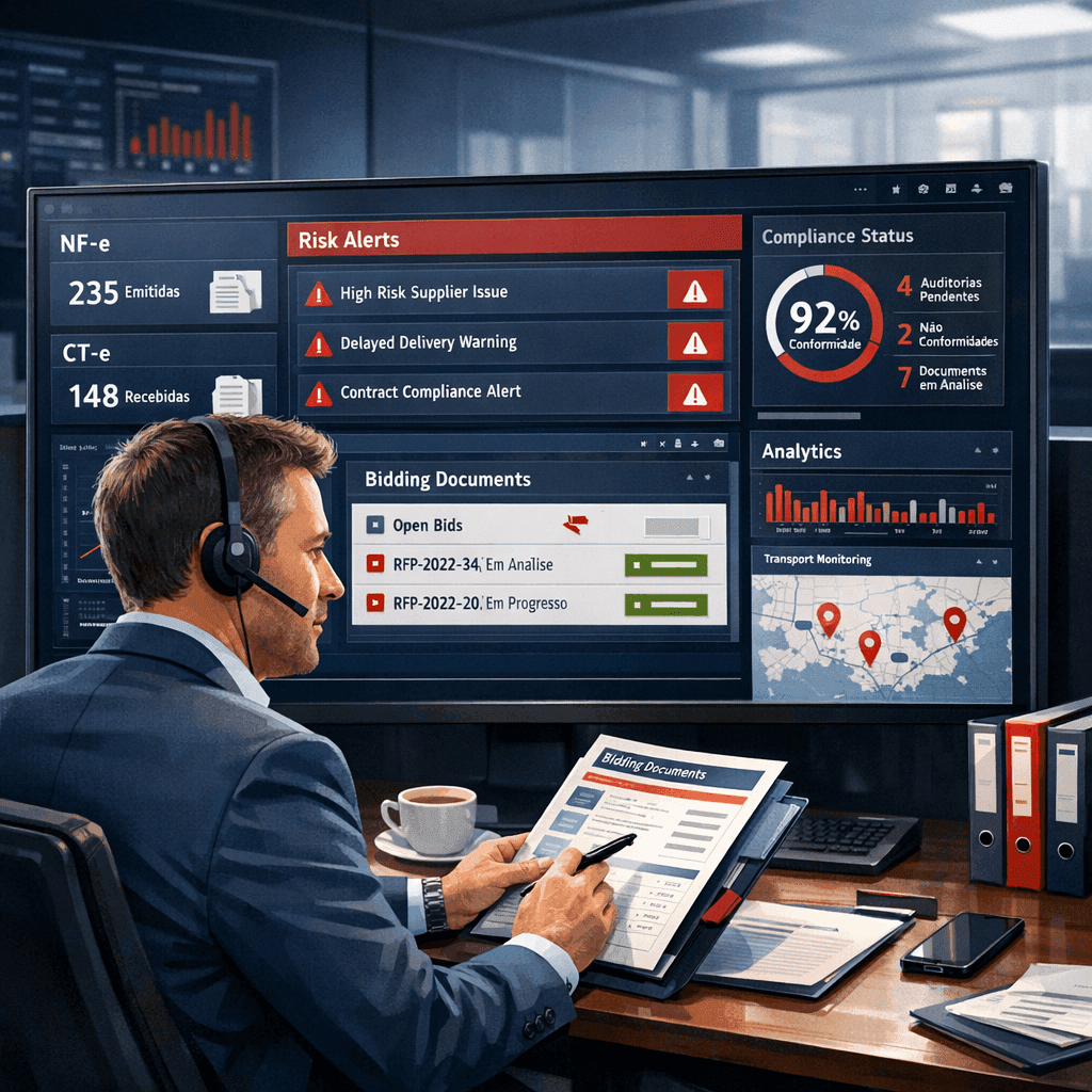 Gestor analisando NF-e e alertas de risco em licitações