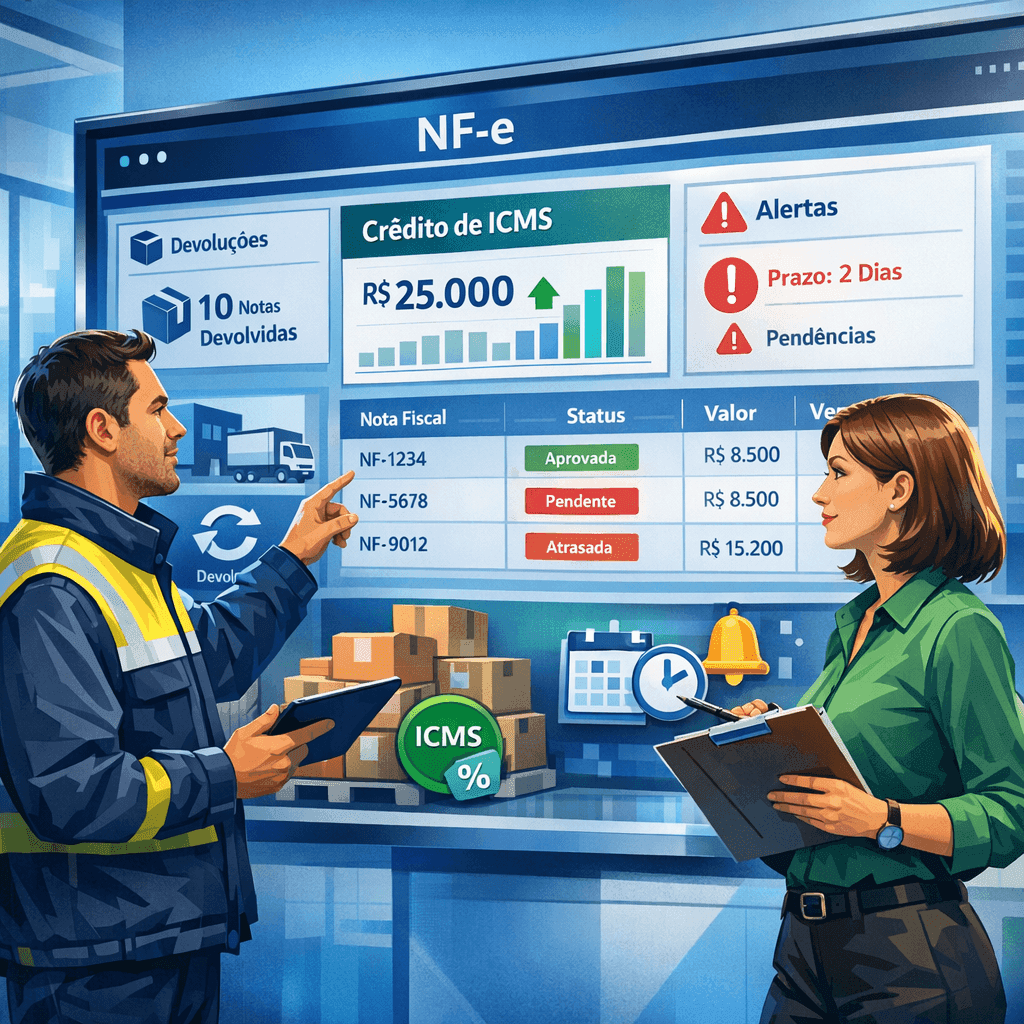 Dashboard de devoluções de NF-e com controle fiscal e alertas de prazo
