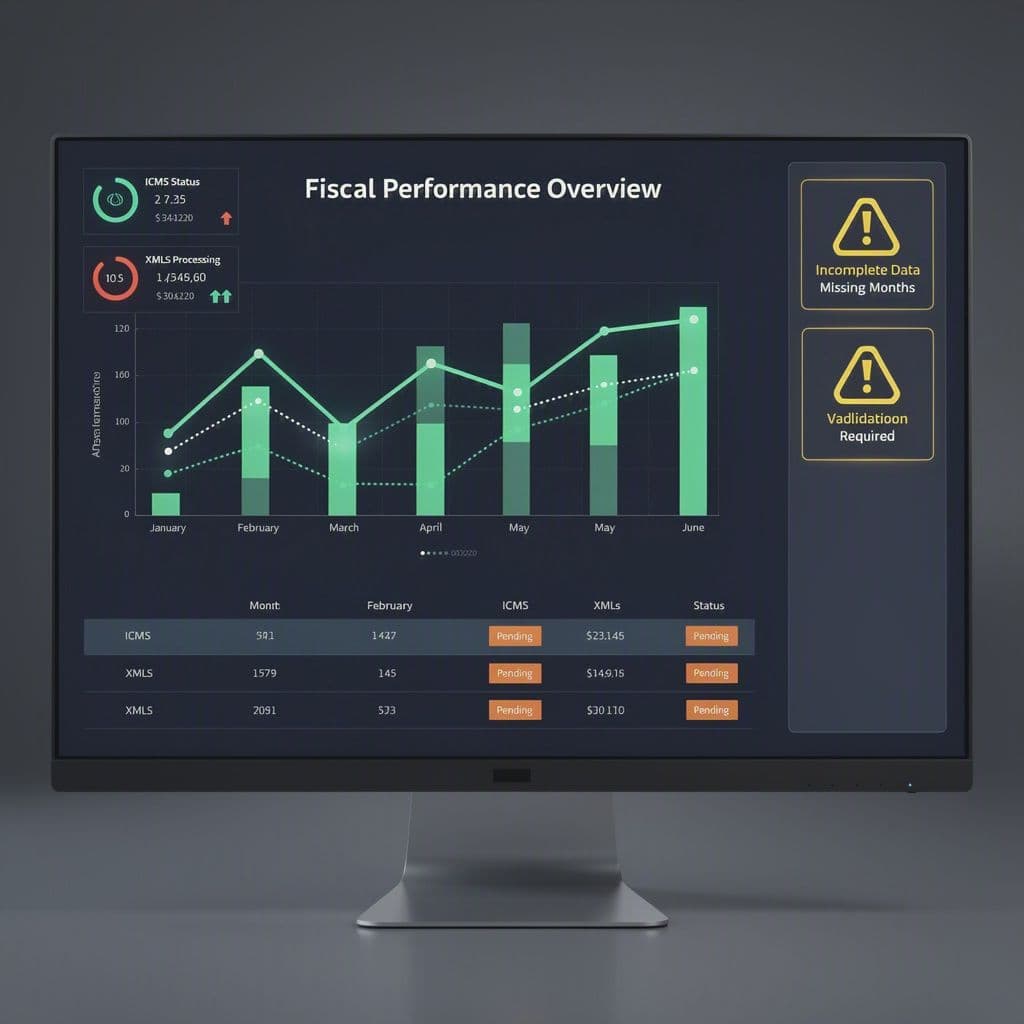 Painel de BI fiscal com meses ausentes e alertas de dados incompletos